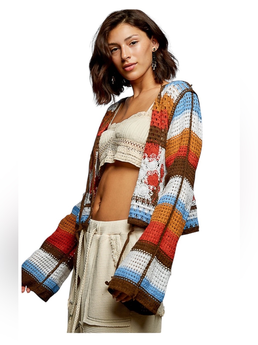 POL 🤩 Crochet V-Neck Knit Cardigan Long Bell Sleeve Cardigan
